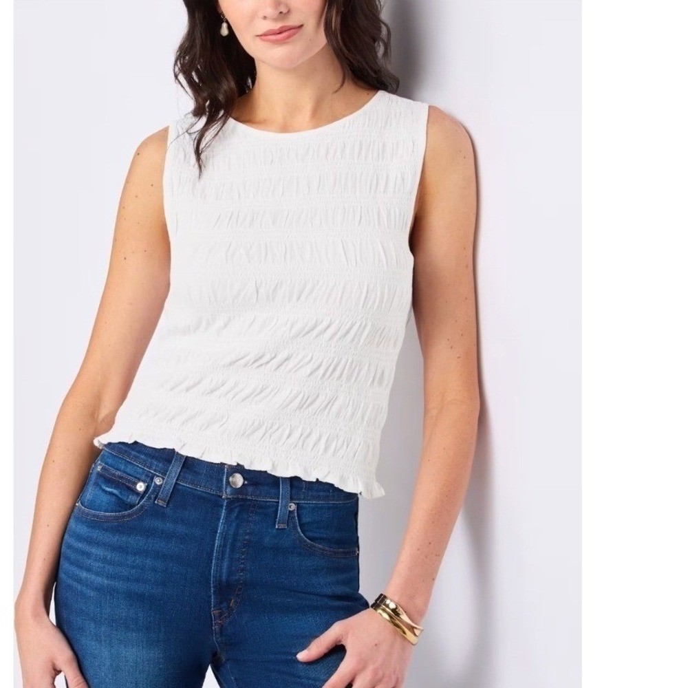 Madewell White Smocked Sleeveless Tank Top Crew Neck Ruffle Hem XS